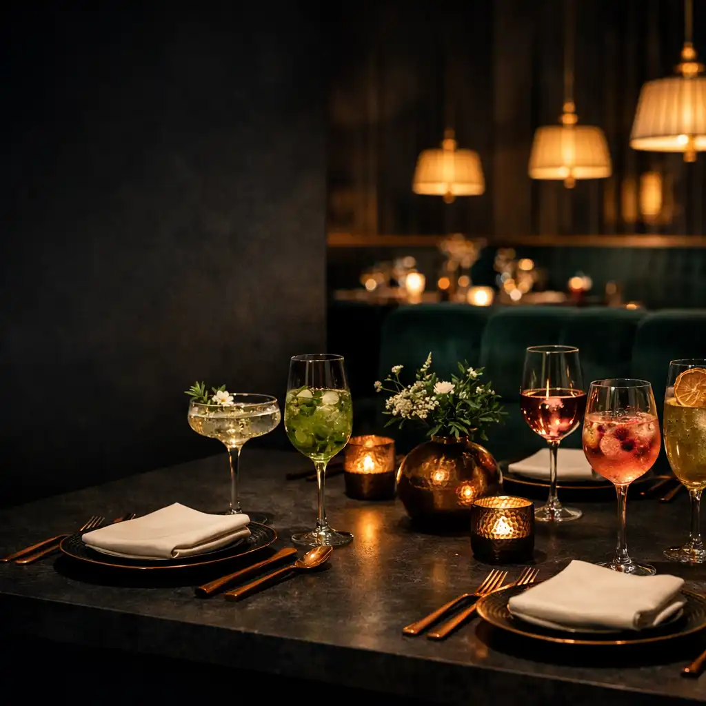 Elegancko nakryty stół w wieczornym wnętrzu Restaurqavo