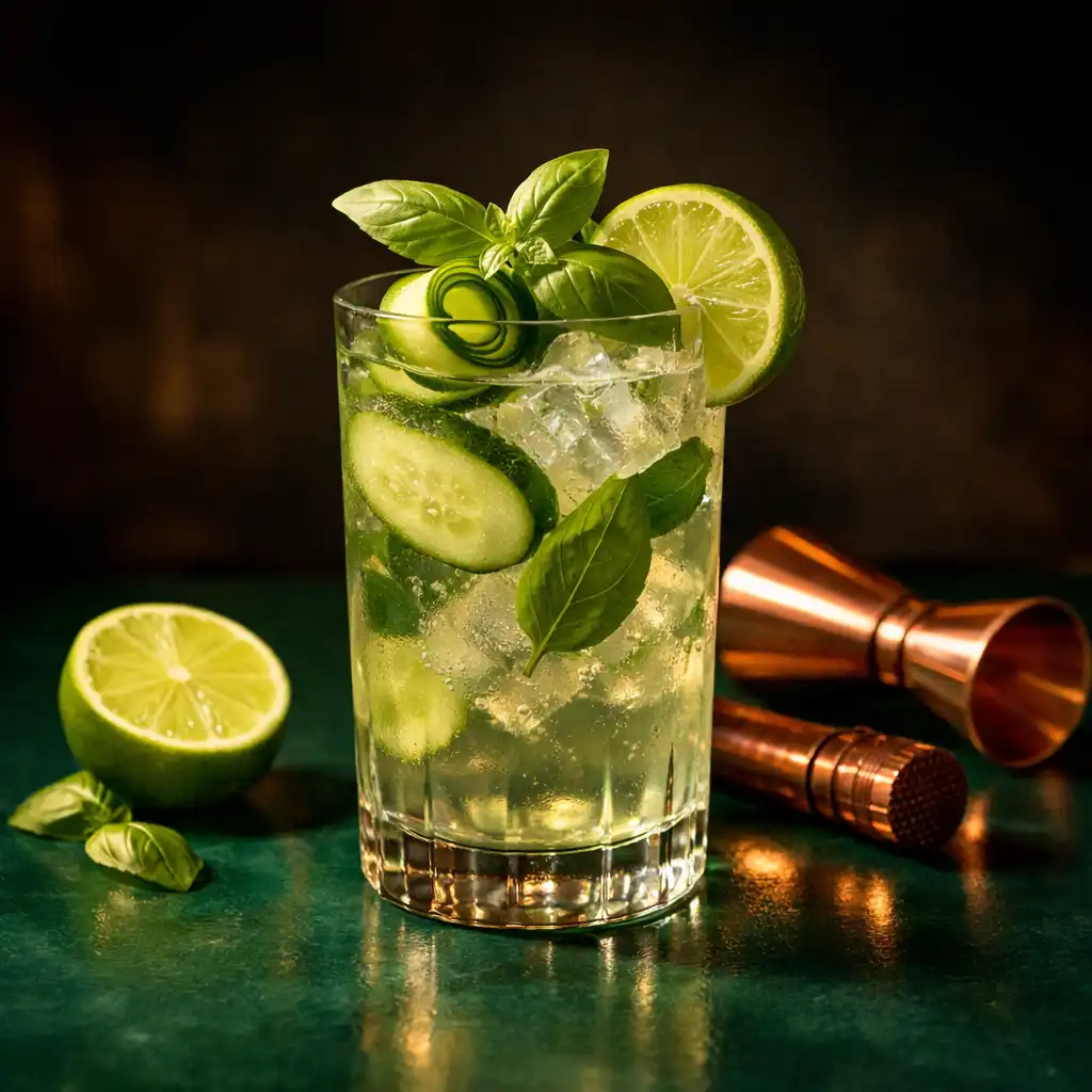 Autorski mocktail z ogórkiem, bazylią i limonką na głębokiej zielonej powierzchni