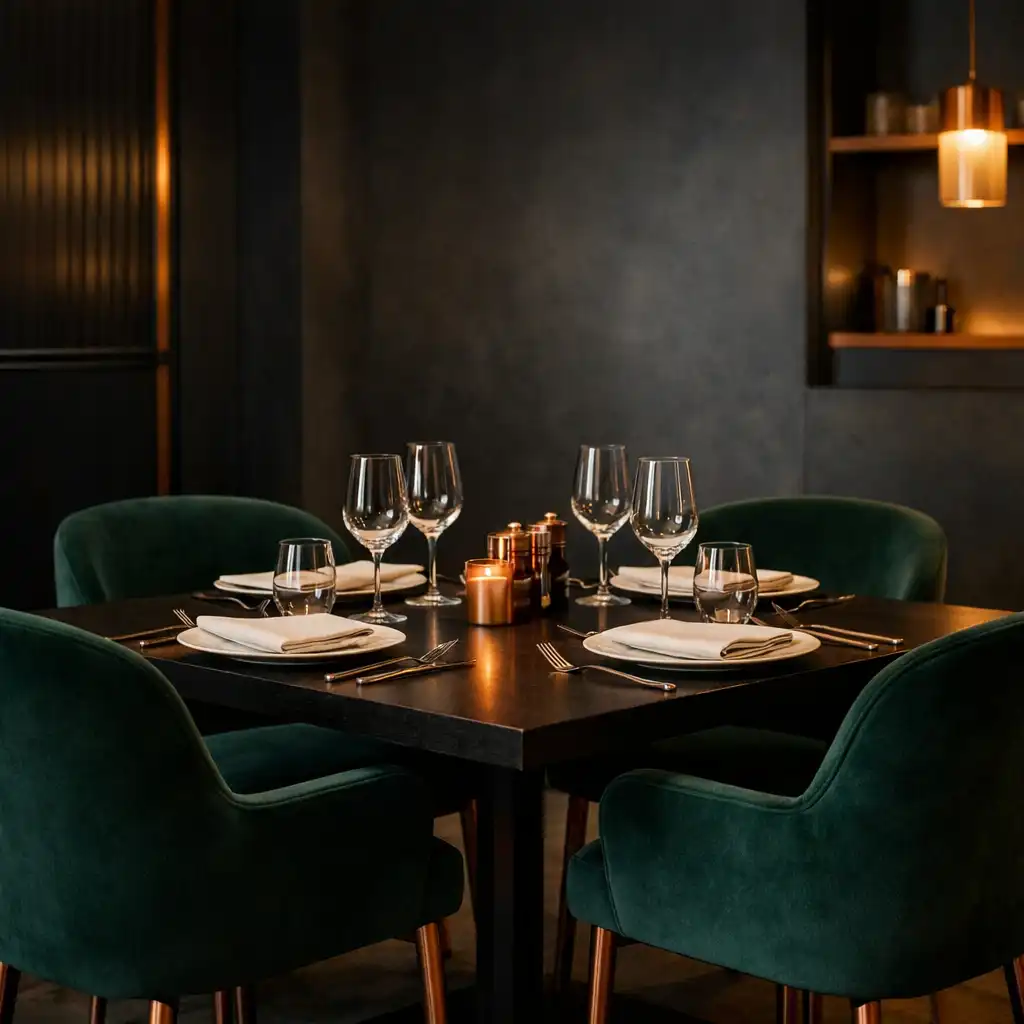 Nakryty stół dla czterech osób w eleganckim, wieczornym wnętrzu Restaurqavo