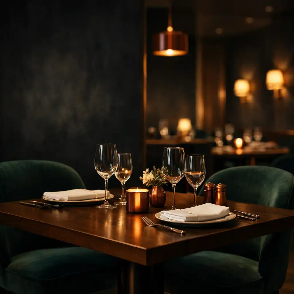 Elegancko nakryty stół w nocnym wnętrzu Restaurqavo z zielonymi i miedzianymi akcentami