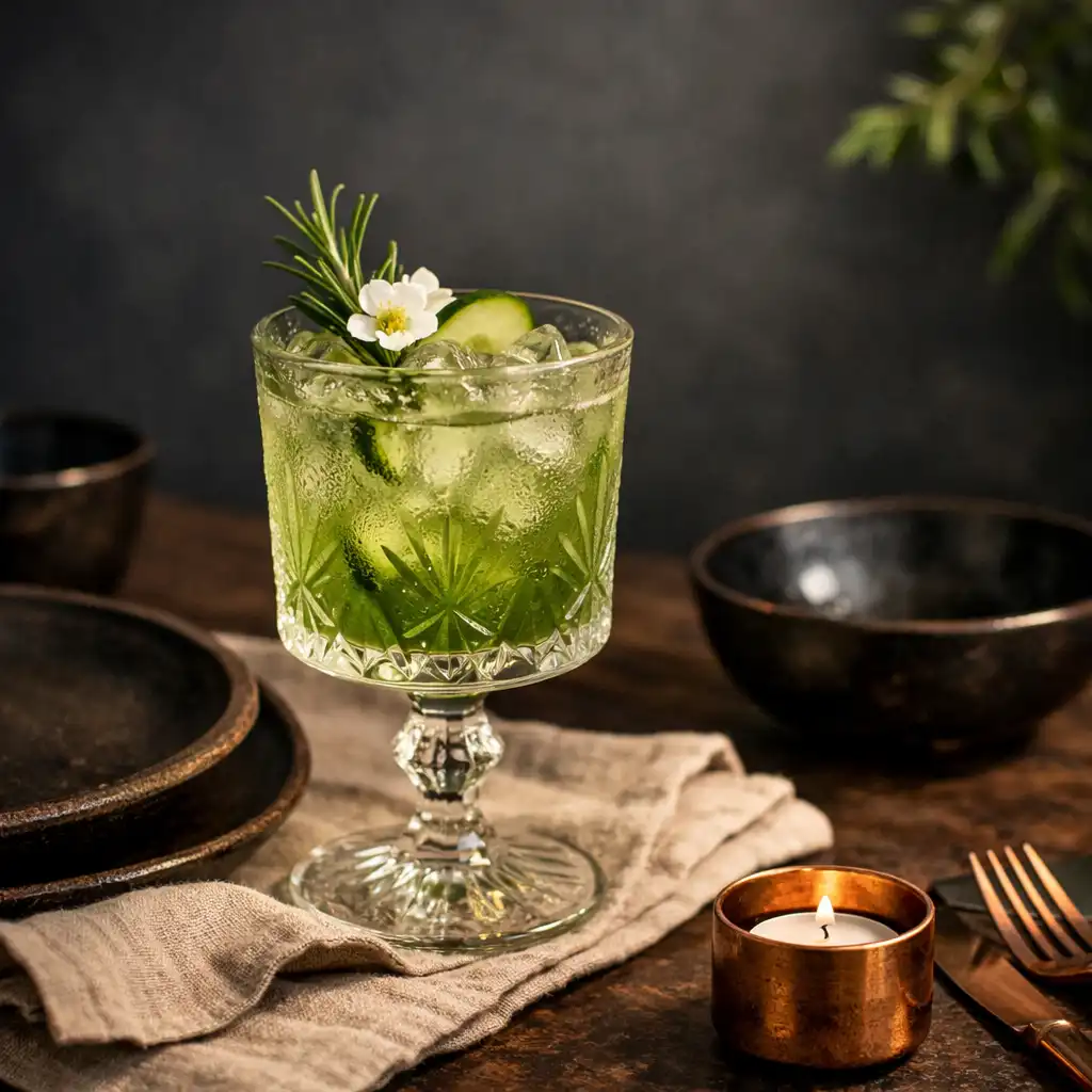 Botaniczny mocktail na elegancko nakrytym stole w Restaurqavo