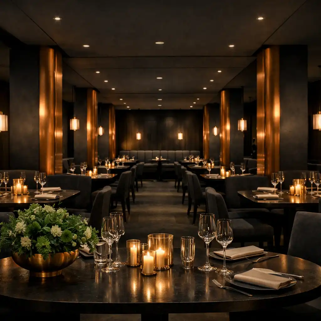 Szerokie nocne ujęcie sali Restaurqavo z eleganckimi stołami