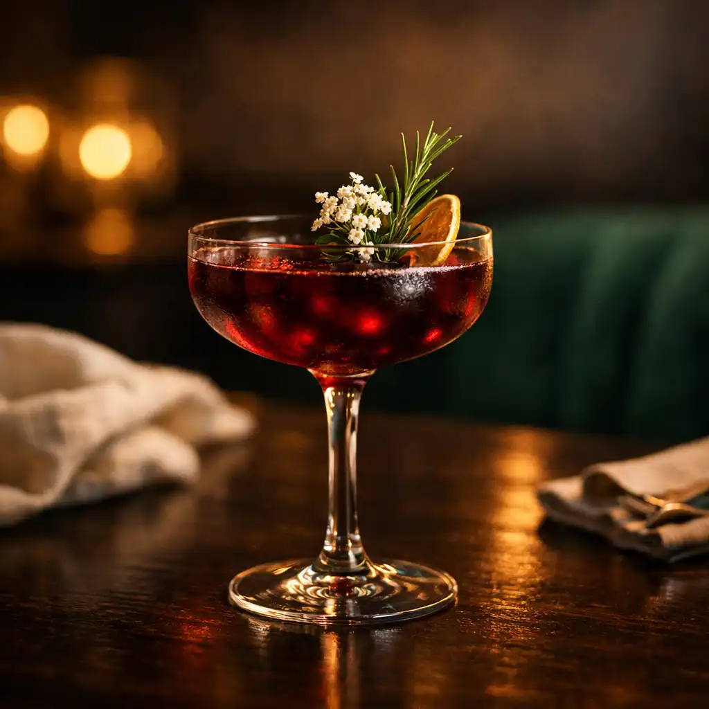 Bezalkoholowy botaniczny mocktail w eleganckim szkle na ciemnym stole