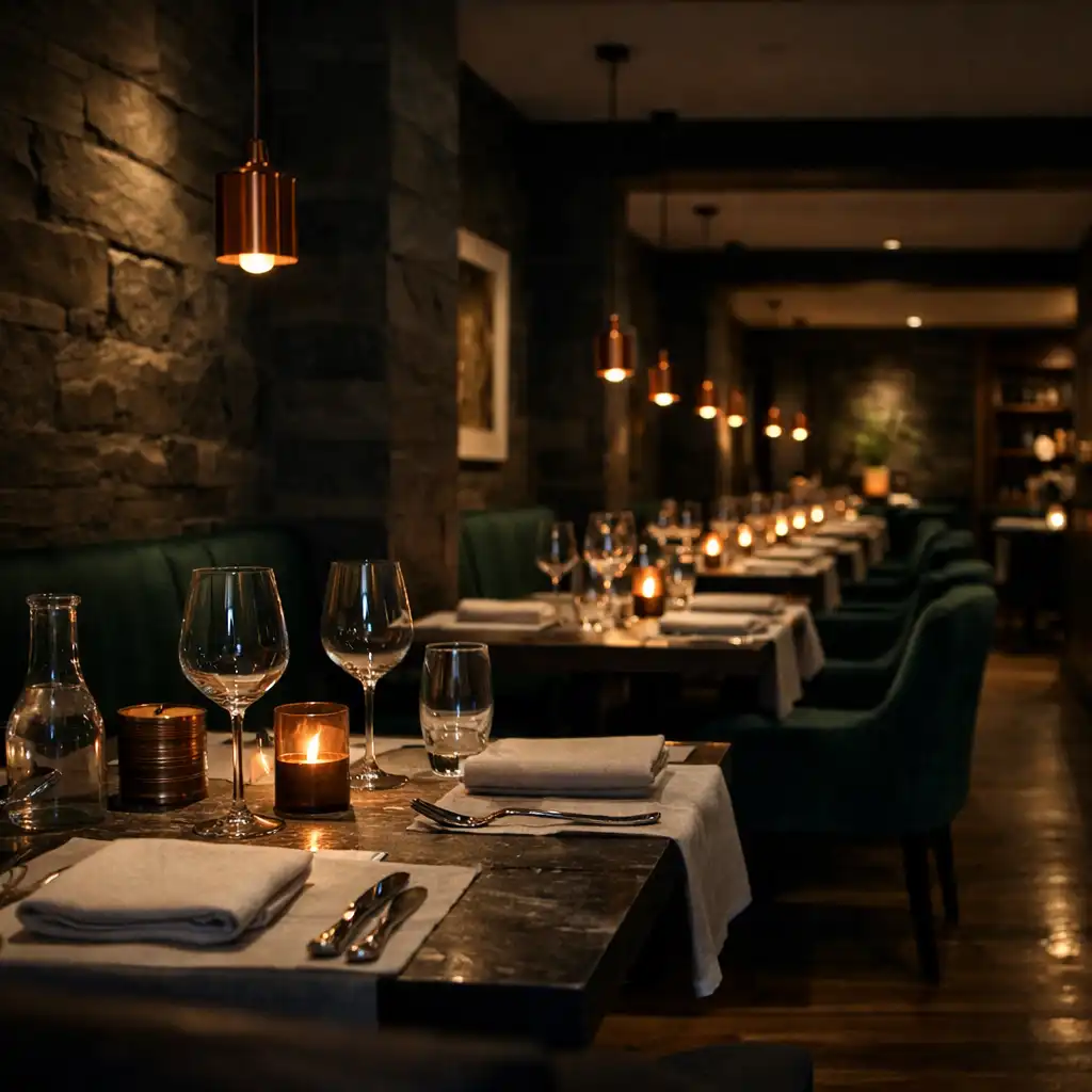 Główna sala Restaurqavo nocą z nakrytymi stołami, światłem i miedzianymi detalami