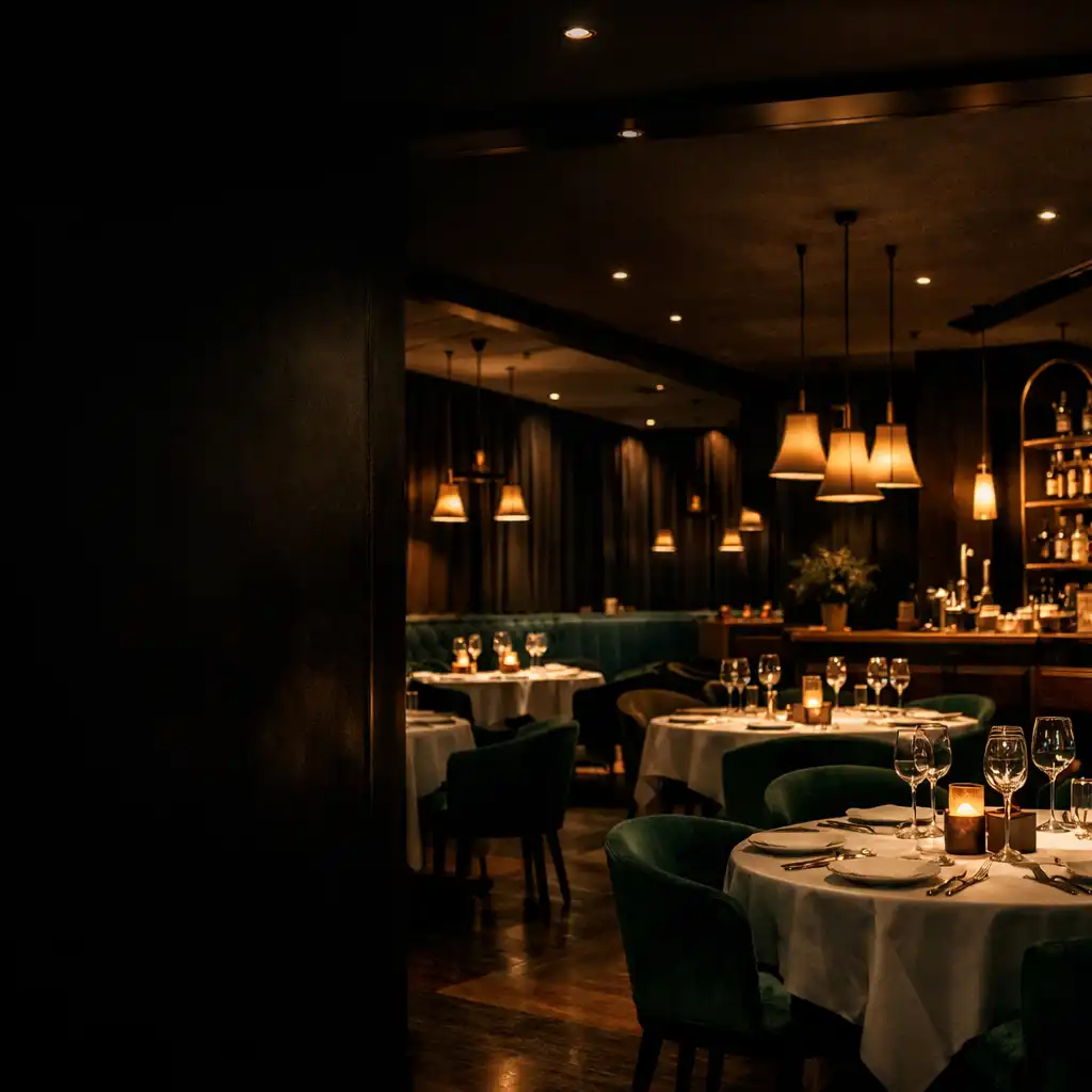 Nocna sala Restaurqavo z nakrytymi stołami i ciepłym światłem we wnętrzu