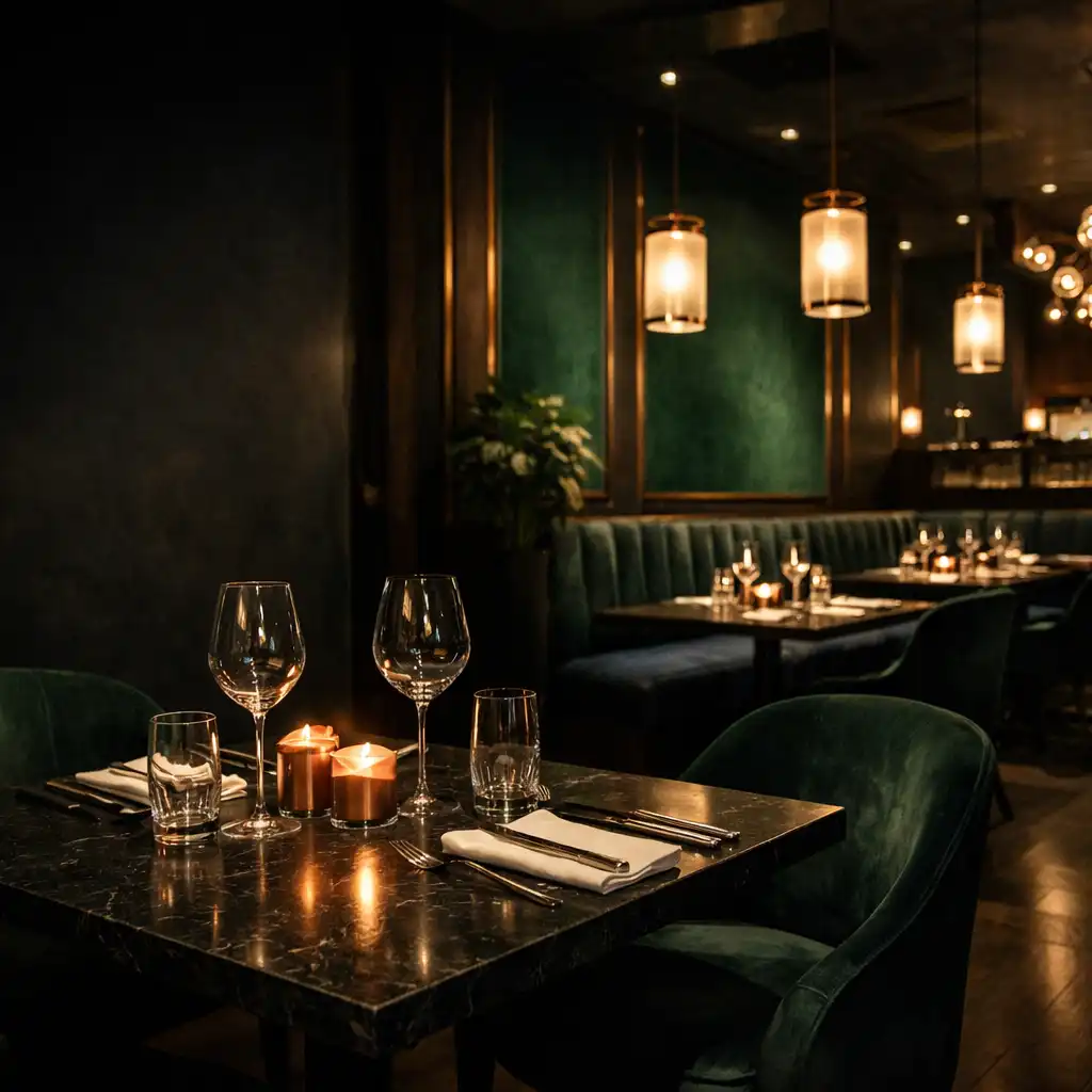 Wieczorny stół nakryty w ciemnym wnętrzu Restaurqavo