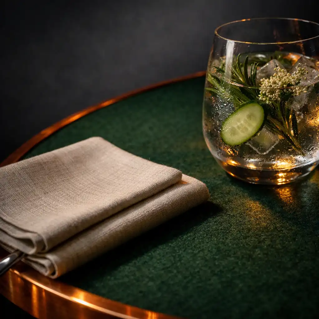 Detal zielonego stołu i botanicznego napoju w Restaurqavo